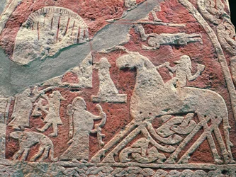 Detail van figuren die een saga illustreren